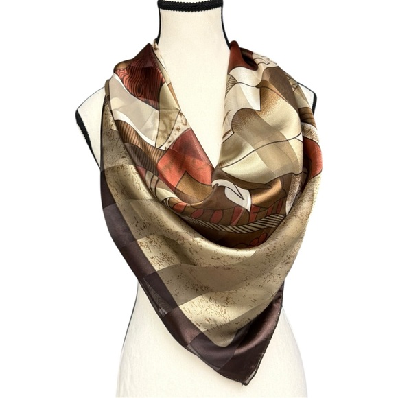 Vintage Accessories - Vintage Picasso Abstract Silk Scarf Brown Earth Tones Large Semi Sheer Abstract